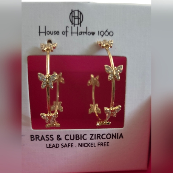 SOLD - NEW Gold 1.24" D. Butterfly Hoop Earrings CZ Pavé Dainty - Picture 6 of 9